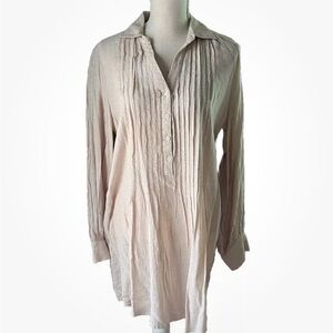 NWT Vince Camuto Tan Linen Knee Length Dress Pleated Button Front Long Slv Sz S